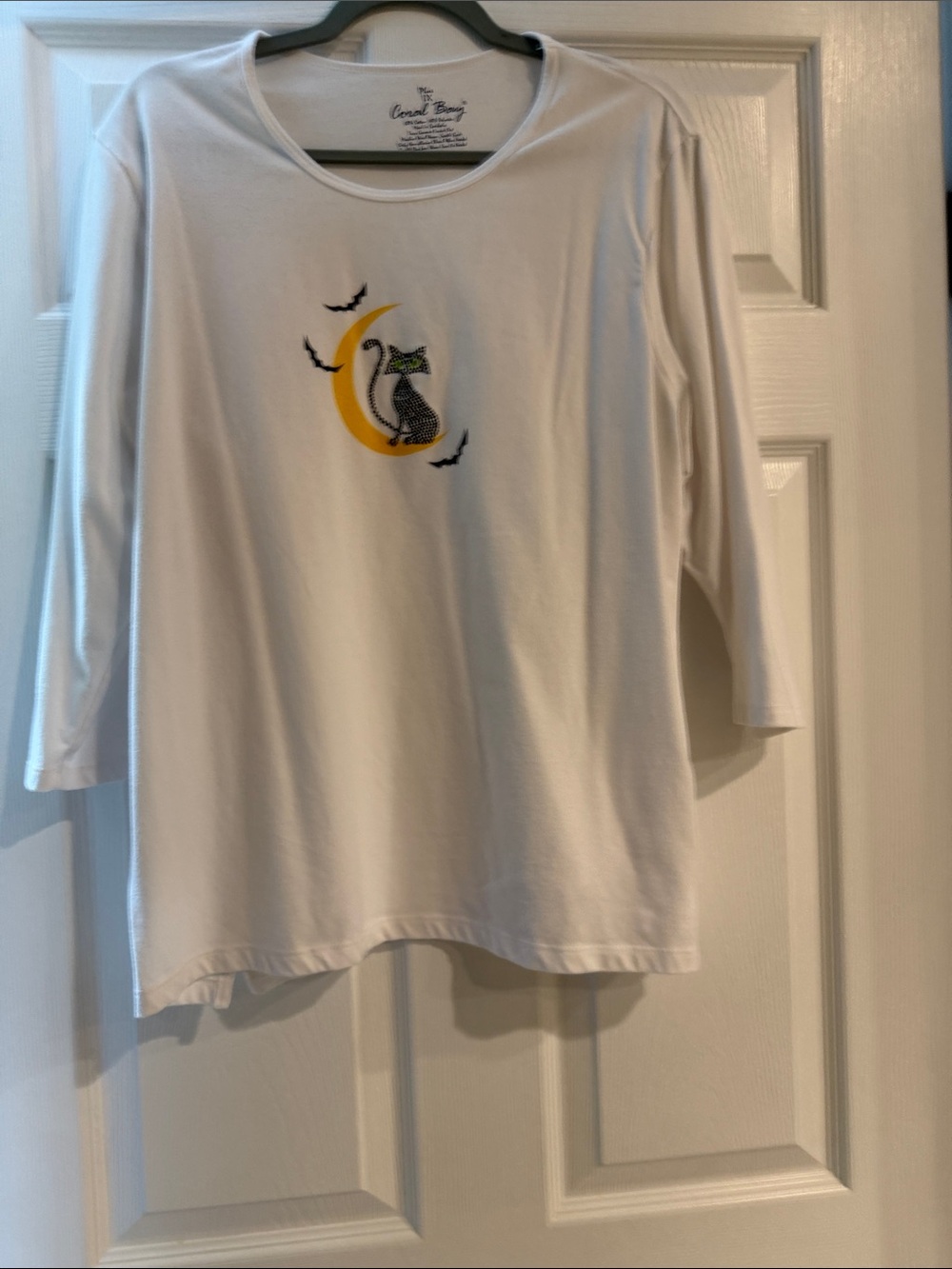 Halloween Woman’s Long SleeveT-Shirt. It features a beaded cat &  Crescent Moon